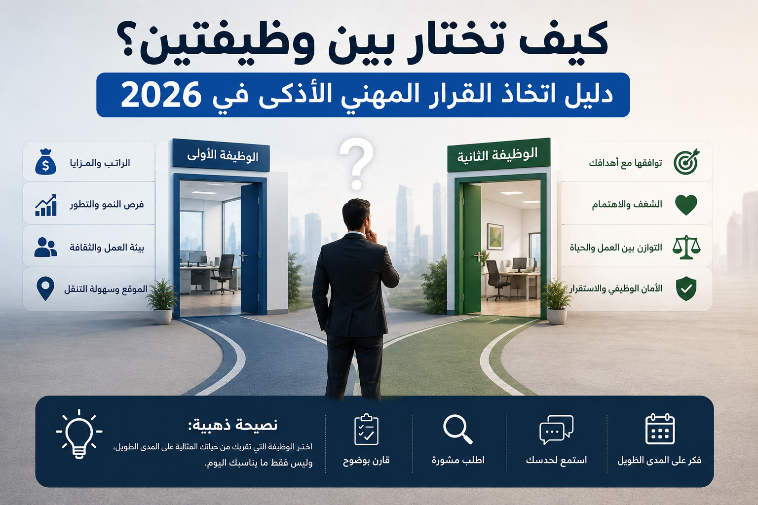 كيف تختار بين وظيفتين؟ دليل اتخاذ القرار المهني الأذكى في 2026